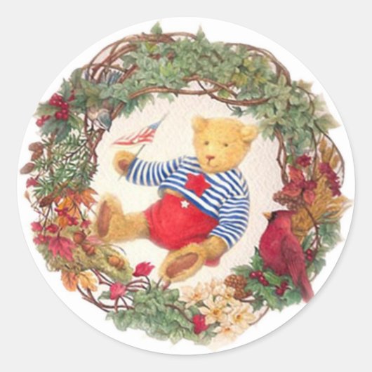 Patriotic Teddy Bear Holiday Wreath Runder Aufkleber (Vorderseite)