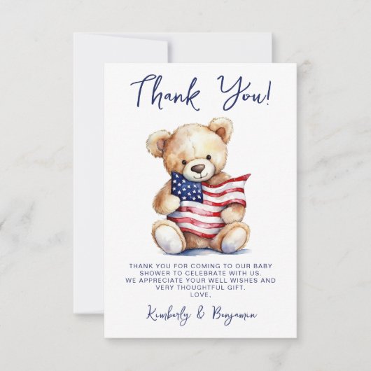 Patriotic Teddy Bear Red White Blue Baby Dusche Dankeskarte (Vorderseite)