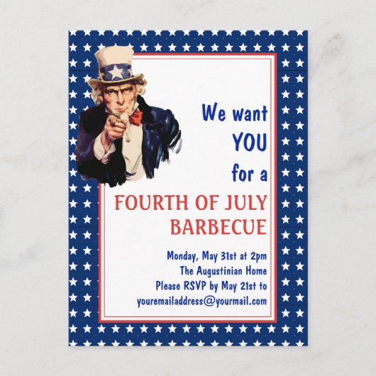 Patriotic Uncle Sam 4TH JULY GRILLEN BARBECUE Postkarte (Vorderseite)
