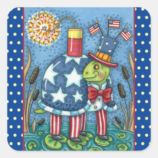 PATRIOTIC UNCLE SAM TURTLE, FUNNY FIRECRACKER Cute Quadratischer Aufkleber (Vorderseite)