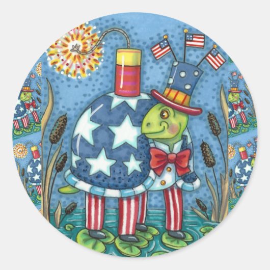 PATRIOTIC UNCLE SAM TURTLE, FUNNY FIRECRACKER Cute Runder Aufkleber (Vorderseite)