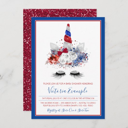 Patriotic Unicorn Red White Blue Baby Dusche Einladung (Vorne/Hinten)