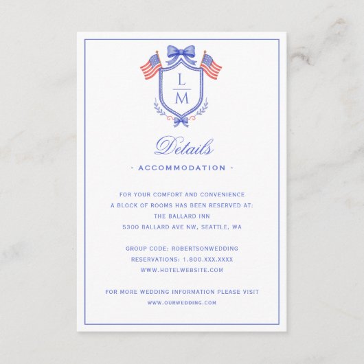 Patriotic US Flag Crest | Monogram Wedding Details Begleitkarte (Vorderseite)
