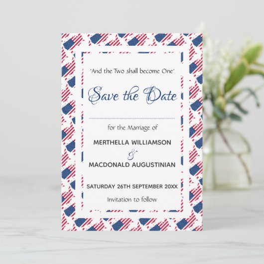 Patriotic USA FLAG Customized Scripting American Save The Date (Stehend Vorderseite)