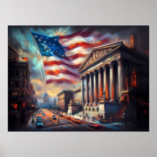 Patriotic USA Flag über City Scene America Poster (Vorne)
