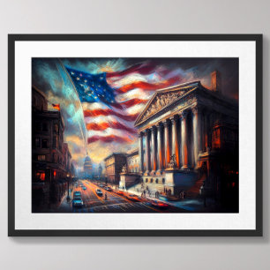 Patriotic USA Flag über City Scene America Poster