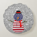 Patriotic USA Flagge Snowman Christmas Throw Pillo Rundes Kissen<br><div class="desc">Round Throw Pillow Patriotic USA Fahne Snowman Silver Glitzer Weihnachten</div>