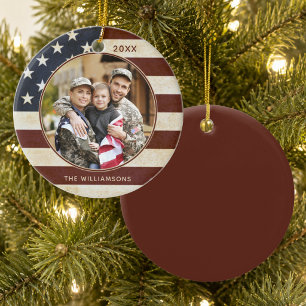 Patriotic Vintage American Flag Photo Name Keramik Ornament