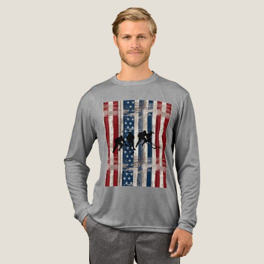 Patriotic Wood Flag Hockey Players Tri-Blend Shirt (Volle Vorderseite)