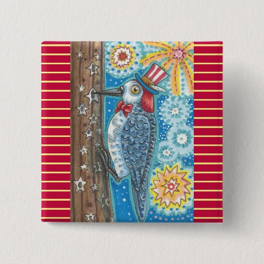 PATRIOTIC WOODPECKER & FIREWORKS BUTTON Square (Vorderseite)