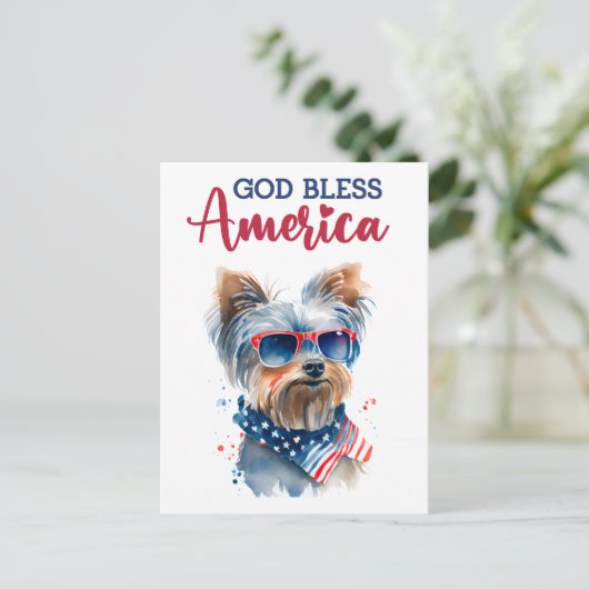 Patriotic Yorkie, Gott segne Amerika Postcard Postkarte (Stehend Vorderseite)
