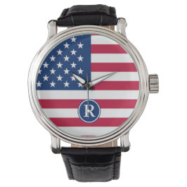 Patriotisch American Red White Blue Custom Monogra Armbanduhr