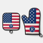Patriotisch American Red White Blue Custom Monogra Ofenhandschuh & Topflappen-Set (Vorderseite)
