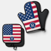 Patriotisch American Red White Blue Custom Monogra Ofenhandschuh & Topflappen-Set (Vorderseite/Rückseite)