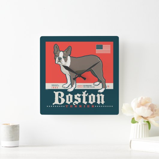 Patriotisch | Boston Terrier Quadratische Wanduhr (Zuhause)