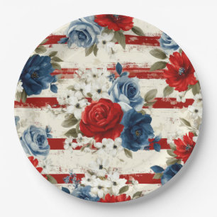 Patriotisch Rot Blau Weiß Floral (2) Pappteller