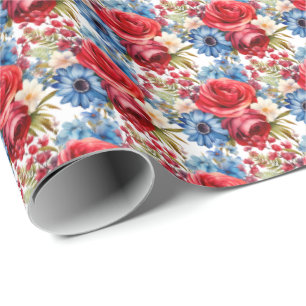 Patriotisch Rot Weiß und Blau Blumen Geschenkpapier