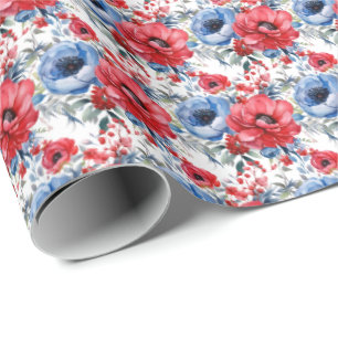 Patriotisch Rot Weiß und Blau Blumen Geschenkpapier