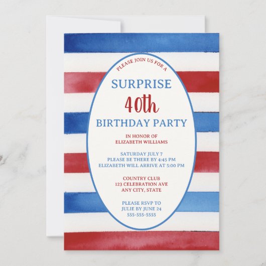 Patriotische 40. Red White Blue Überraschung Gebur Einladung (Vorderseite)