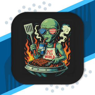 Patriotische Alien BBQ Grill Amerikanische Flagge  Pappteller