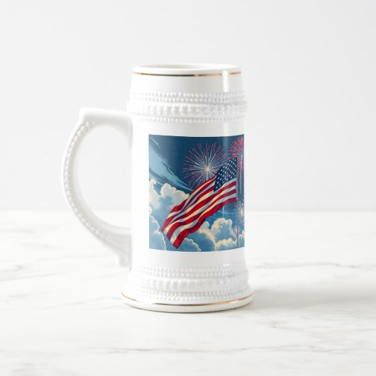 Patriotische amerikanische Flagge mit Feuerwerken  Bierglas (Links)