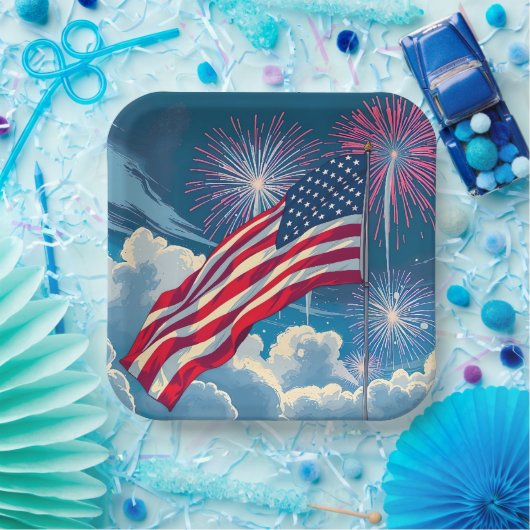 Patriotische amerikanische Flagge mit Feuerwerken Pappteller (Party)
