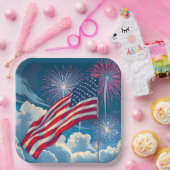 Patriotische amerikanische Flagge mit Feuerwerken Pappteller (Party)