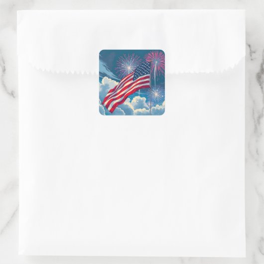 Patriotische amerikanische Flagge mit Feuerwerken Quadratischer Aufkleber (Tasche)