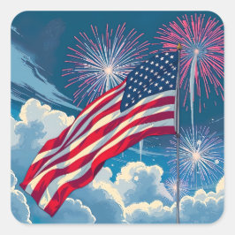 Patriotische amerikanische Flagge mit Feuerwerken  Quadratischer Aufkleber