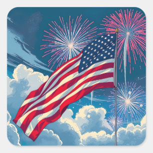 Patriotische amerikanische Flagge mit Feuerwerken  Quadratischer Aufkleber