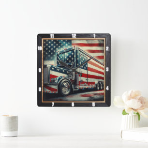 Patriotische amerikanische Flagge Semi Truck Quadratische Wanduhr