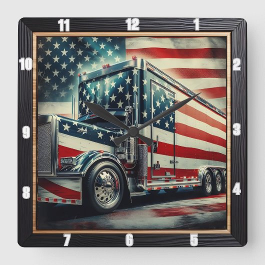 Patriotische amerikanische Flagge Semi Truck Quadratische Wanduhr (Vorderseite)