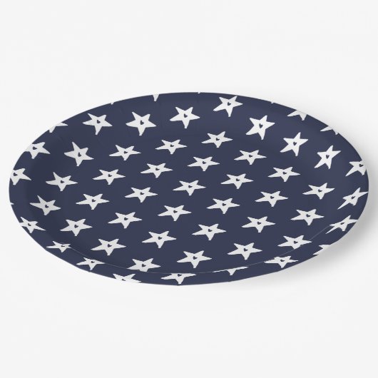 Patriotische blaue und weiße Sterne mit Herz Pappteller (Schrägansicht)