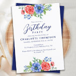 Patriotische Blumenrosa Blaue Geburtstagspartei Einladung<br><div class="desc">Diese eleganten und modernen patriotischen Einladungen mit wunderschönen Aquarellfarben-Blume in Rot, Weiß und Blau machen sie zur perfekten Wahl für den 4. Juli Geburtstag oder Militärgeburtstag. Das Design ist sowohl patriotisch als auch blumenreich und zeichnet sich durch eine perfekte Balance zwischen den beiden Themen aus. Besuchen Sie unsere patriotische Geburtstagskollektion...</div>