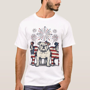 Patriotische Bulldog-Feuerwerk-Vintage-Stich-Desi T-Shirt