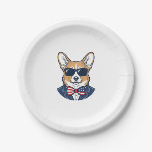 Patriotische Corgi-Sonnenbrille Vintage-Vektor-Art Pappteller