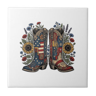 Patriotische Cowboy-Stiefel Sonnenblume Floral Hem Fliese