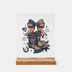 Patriotische Cowgirl-Stiefel und Bow-Western-Shirt Acrylschild