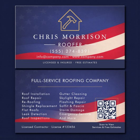 Patriotische Dachdecker-QR-Code-Professionell Visitenkarte