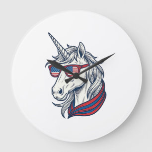 Patriotische Einhorn-Flagge-Sonnenbrille Vintage-V Große Wanduhr