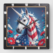 Patriotische Einhornstars Streifen Quadratische Wanduhr (Vorderseite)