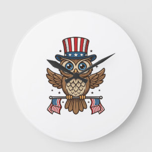 Patriotische Eule Vintage-Stich Grafik_1 Große Wanduhr