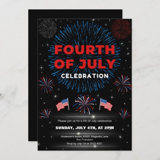 Patriotische Feuerwerke 4. Juli Einladung (Vorne/Hinten)