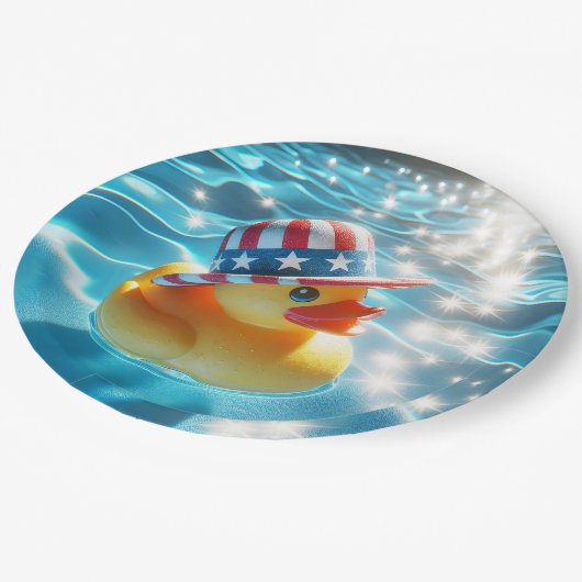 Patriotische Gelbe Gummiente im Pool Pappteller (Schrägansicht)