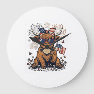 Patriotische Highland-Kuh-Bazillus-Vintage-Stich Große Wanduhr