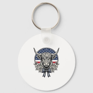 Patriotische Highland-Kuh Vintage-Stichkunst_1 Schlüsselanhänger