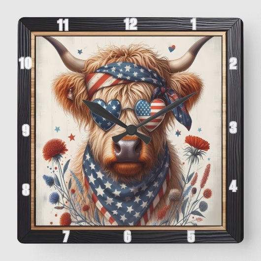 Patriotische Hochlandkuhherzenwand Quadratische Wanduhr (Vorderseite)