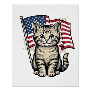 Patriotische Katze mit amerikanischer Flagge Vinta Poster