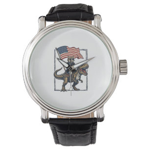 Patriotische Katze reitet auf Dinosaurier Vintage- Armbanduhr