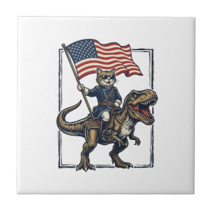 Patriotische Katze reitet auf Dinosaurier Vintage- Fliese